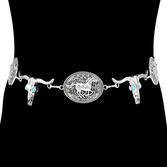 Silver Antique Metal Western Horse Embossed Conch Statement Belt - Picture 1 of 3